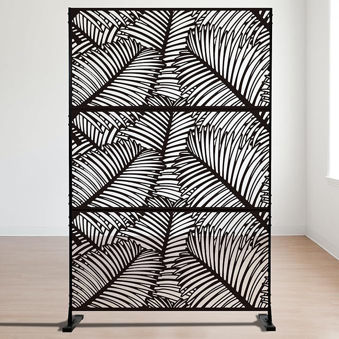 Kozyard Metal Privacy Screen 74" H x 47.2" W Decorative Outdoor Divider with Stand Panels Freestanding Screen Set for Deck Patio Balcony Garden Outdoor&Indoor (Black/Palm Leaf)
