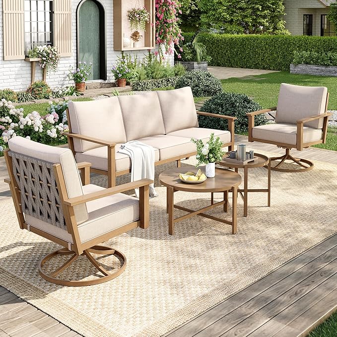 5-Piece Patio Outdoor Conversation Furniture Set with 2 Swivel Chairs, Steel Modern Outdoor Patio Conversation Sets with Waterproof Thick Cushions for Porch, Balcony, Backyard-Beige