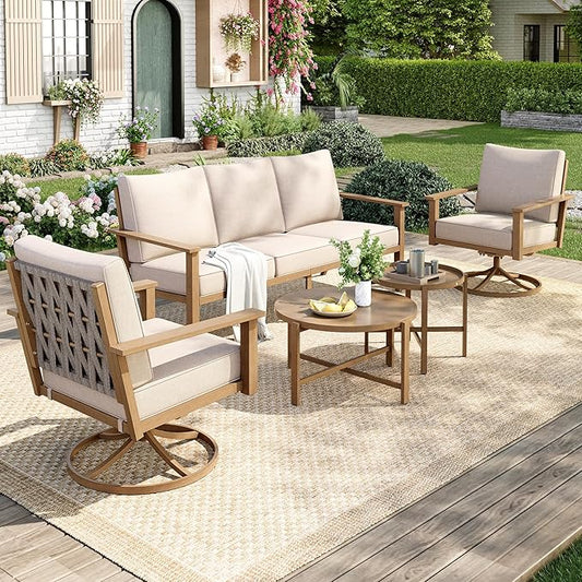5-Piece Patio Outdoor Conversation Furniture Set with 2 Swivel Chairs, Steel Modern Outdoor Patio Conversation Sets with Waterproof Thick Cushions for Porch, Balcony, Backyard-Beige