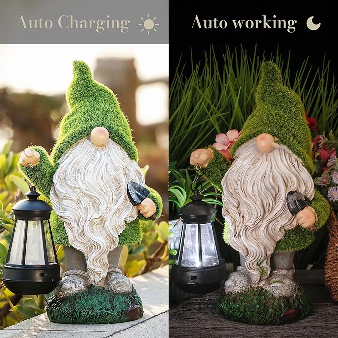 TERESA'S COLLECTIONS Christmas Outdoor Statue for Home, Resin Gnome Decorations with Solar Outdoor Lights for Garden Decor,Green Garden Sculptures & Statues for Front Patio Lawn, Gifts for Mom,12"