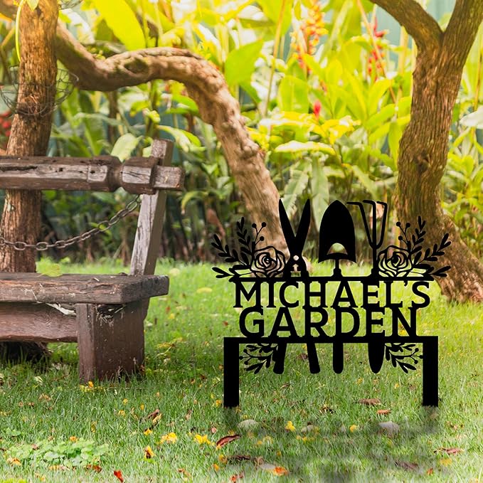 Custom Metal Garden Tools Sign with Stakes, Personalized Garden Name Sign, Yard Art, Patio Decorations, New Home Gift, Garden Decorative, Gardening Tools Sign for Outdoor, Large Housewarming Gift