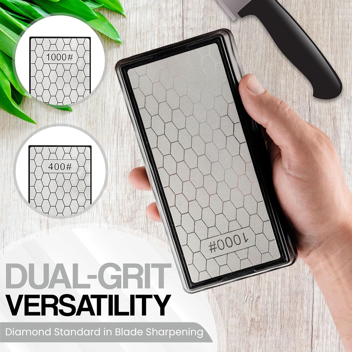 Premium-Grade Diamond Sharpening Stone Set - Double Sided Diamond Knife Sharpener | 400/1000 Grit Stone W/Non-Slip Base & Cover I Replacement to Knife Whetstone & Chisel Sharpening Kit