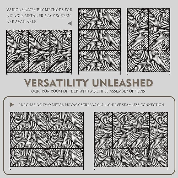 Kozyard Metal Privacy Screen 74" H x 47.2" W Decorative Outdoor Divider with Stand Panels Freestanding Screen Set for Deck Patio Balcony Garden Outdoor&Indoor (Black/Palm Leaf)