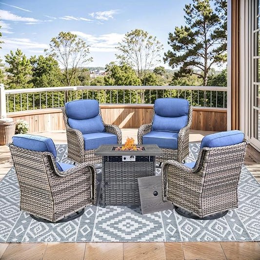 HUMMUH Wicker Patio Furniture Set with Patio Swivel Chairs Set of 4 and 50,000 BTU Fire Pit Table,6 Inch Thick Cushions High Back Outdoor Swivel Rocker Chairs Set for Porch, Balcony, Deck