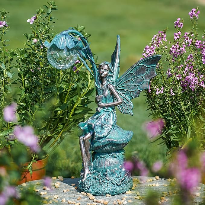 TERESA'S COLLECTIONS Garden Statues Fairy Sculptures & Statues, Outdoor Solar Light Garden Decor Resin Patina Bronze Figurines for Outdoor Decor, Valentines Decorations Gifts for Women Mom, 13.8''