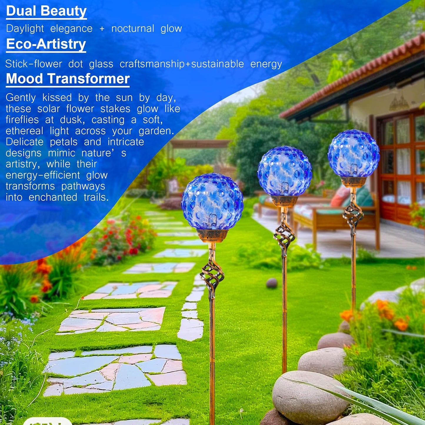 Garden Solar Lights Outdoor, Decorative LED Honeycomb Glass Ball Garden Stake, Glass and Metal Outdoor Decoration, 4 x 31 Inch (Dark Blue)