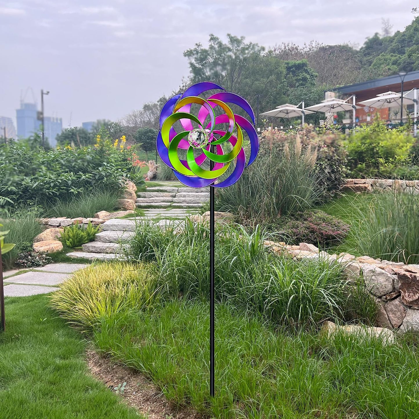 57 Inch Solar Wind Spinners with Metal Garden Stake, Outdoor Wind Catcher with Solar Powered Glass Ball for Yard Patio Lawn Garden Decorations