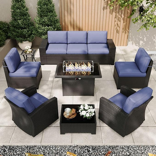 Patio Furniture Set with Fire Pit Table, 10 Pieces Outdoor All-Weather Wicker Conversation Sectional Chair Sofa Set with 2 Swivel Chairs