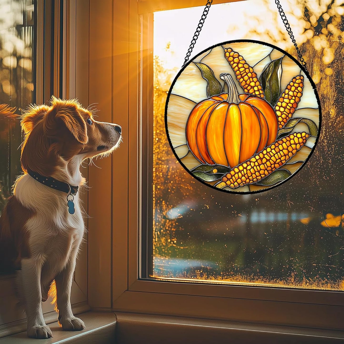 Stained Glass Window Hanging Autumn Harvest Pumpkin Corn Large 11.8" - Suncatcher Door Garden Kitchen Sunroom Sun Catcher Fall Home Decor Birthday for Mom Grandma Men Woman