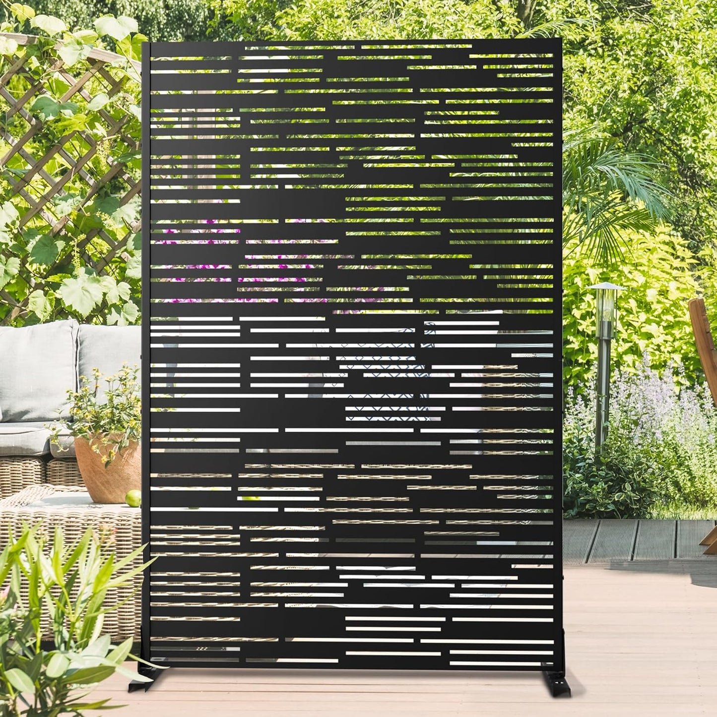 Metal Privacy Screen Outdoor 72" H×47" W,Freestanding Decorative Privacy Screen for Balcony Yard&Garden,Privacy Fence-Black&Shine