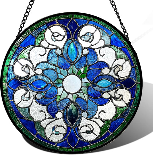 Stained Glass Window Hanging, Boho Style Sun Catchers Diamond Glass Panel Hangings Tiffany Suncatcher Decor for Birthday for Women, Men, Wife, Aunt, and Mom 14.9x14.9 in