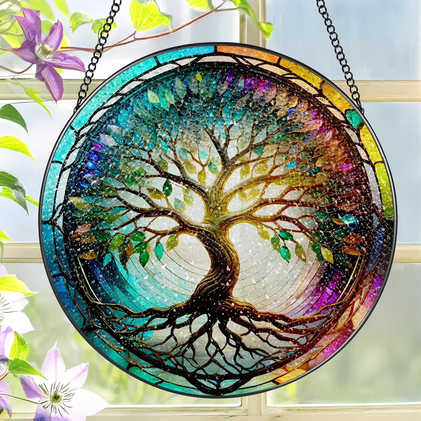 Stained Glass Window Hanging, LAOWEIKI 8'' Tree of Life Suncatcher, Stained Glass Ornament, Suncatchers for Windows Hanging, Window Decor, Outdoor or Indoor, Gifts for Mom, Grandma, Wife, Family