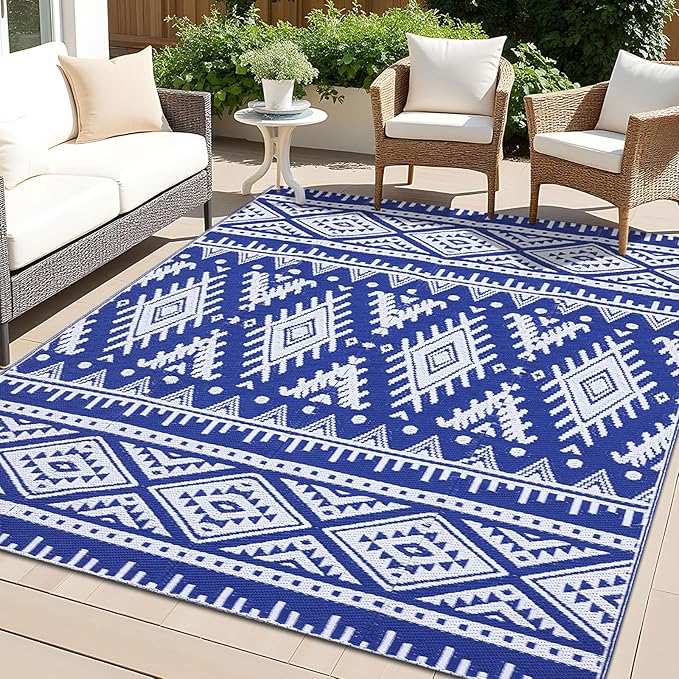 OLANLY Outdoor Rug Waterproof 5x8 ft, Reversible Outdoor Plastic Straw Rug, Boho Patio Rug, Indoor Outdoor Carpet, RV Mat Outside for Patio, Camp, Picnic, Balcony, Deck, Backyard, Blue & White