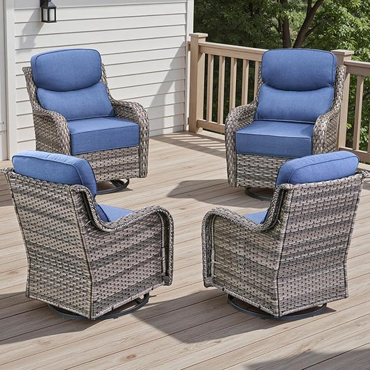 Rilyson 4 Piece Outdoor Patio Swivel Rocker Chairs, Waterproof Wicker, High Back, Deep Seating, Wide Armrest, Upgraded 6 inch Thick Cushions, Ideal for Deck Porch Backyard, Mixed Grey/Blue