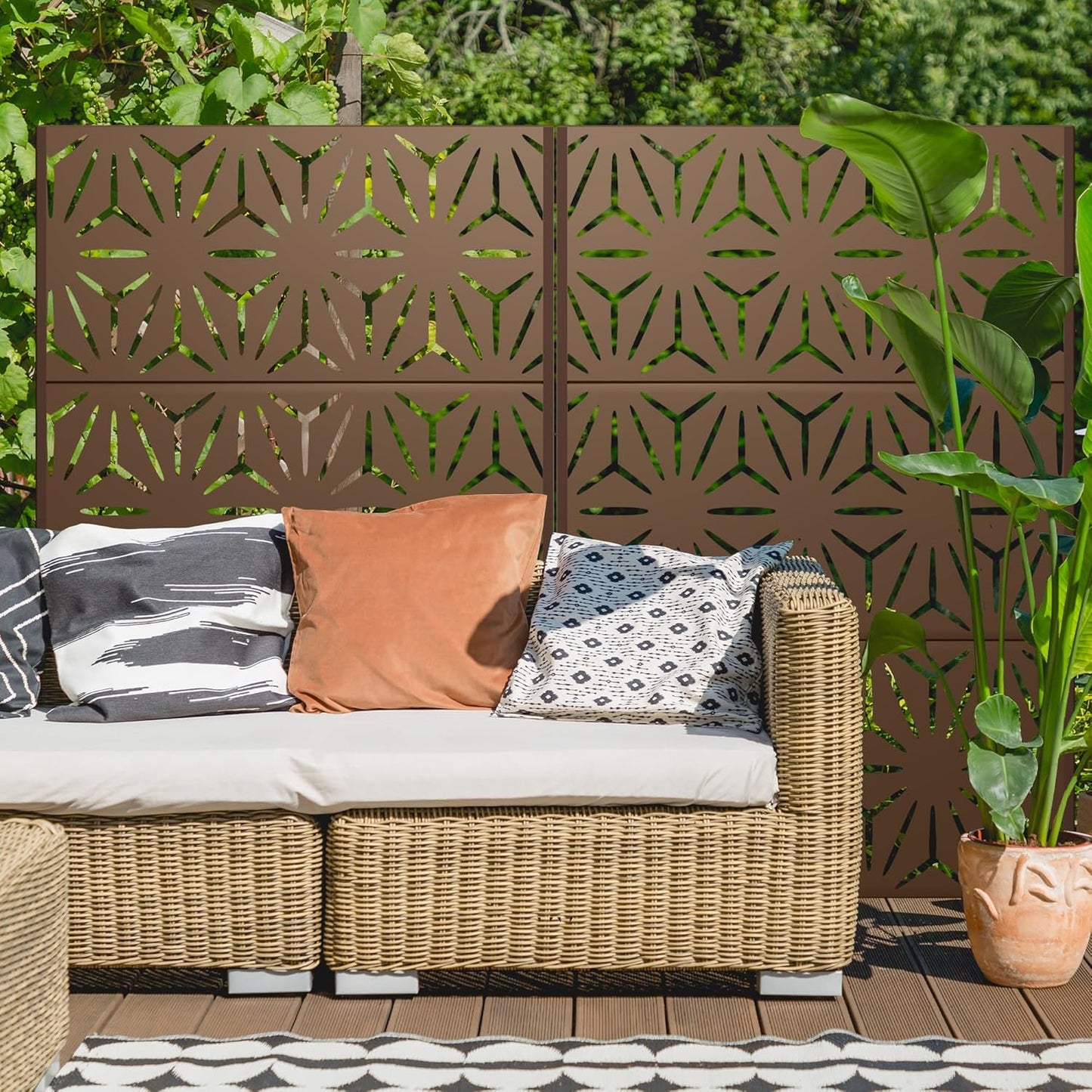 Metal Privacy Screen Outdoor 72" H×47" W,Freestanding Decorative Privacy Screen for Balcony Yard&Garden,Privacy Fence-Brown&Star