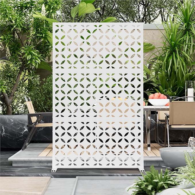 Metal Privacy Screen for Outdoor Freestanding Privacy Screens, 72" H x 44" W White Metal Fence Panels with Stand, Patio Divider Screens for Outside Deck Balcony Garden and Indoor