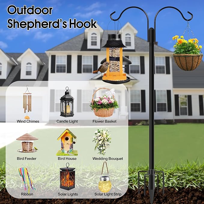 Ottsuls Bird Feeder Pole, 2 Pack 60 INCH Double Shepherds Hooks for Outdoor, with 5 Base Prongs Heavy Duty Tall Garden Planter Hooks for Hanging Flower Basket, Lantern, Hummingbird Feeder