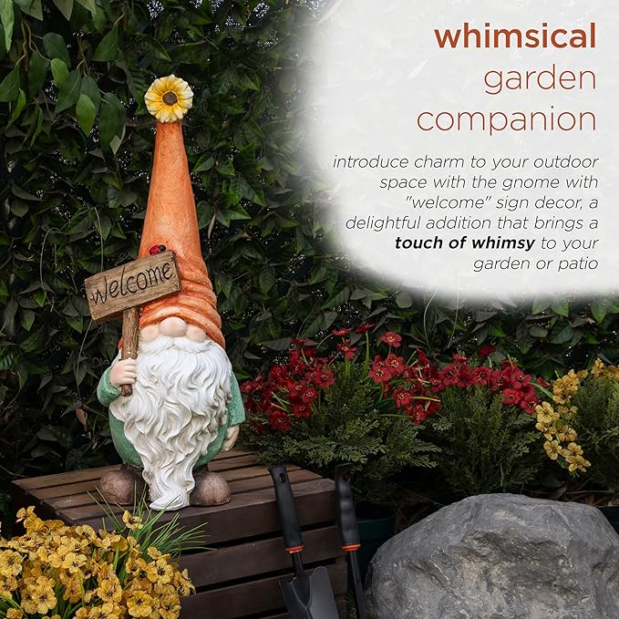Alpine Corporation MCC848 Indoor/Outdoor Gnome with "Welcome" Sign Garden Statue, Charming Gnome with Hat, 26"H, Orange