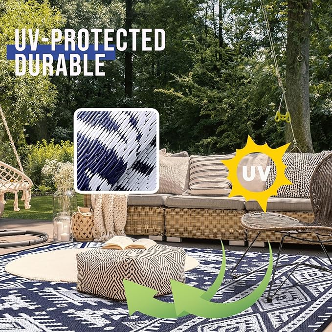 OLANLY Outdoor Rug Waterproof 10x14 ft, Reversible Outdoor Plastic Straw Rug, Boho Patio Rug, Indoor Outdoor Carpet, RV Mat Outside for Patio, Camp, Picnic, Balcony, Deck, Backyard, Navy & White