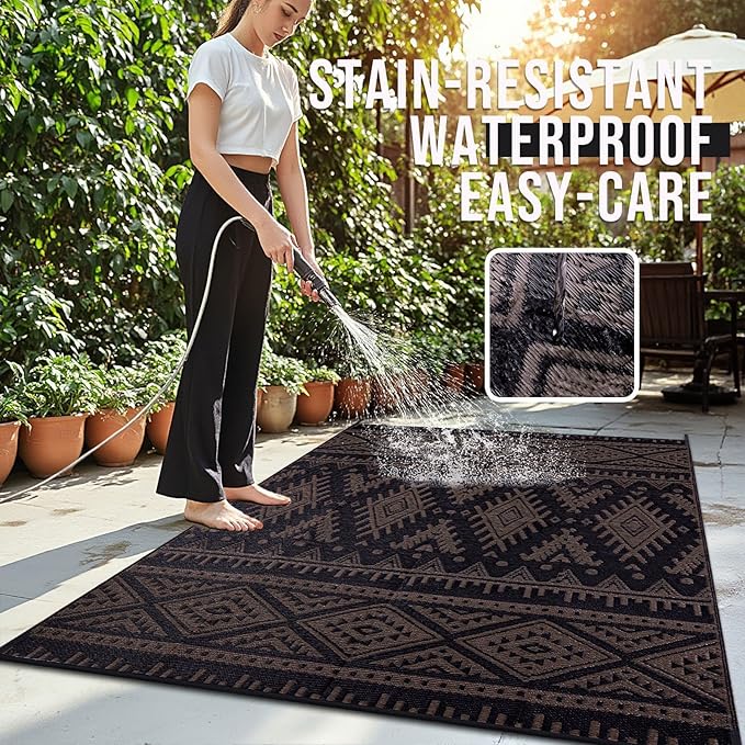 OLANLY Outdoor Rug Waterproof 10x14 ft, Reversible Outdoor Plastic Straw Rug, Boho Patio Rug, Indoor Outdoor Carpet, RV Mat Outside for Patio, Camp, Picnic, Balcony, Deck, Backyard, Black & Brown