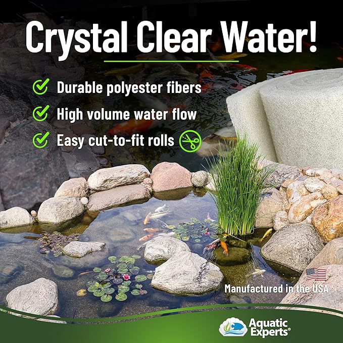 Classic Koi Pond Filter Pad FINE - White Bulk Roll Pond Filter Media, Ultra-Durable Pond Filters for Outdoor Ponds, Reusable Fish Pond Filter Material, USA (3/4" - 1" x 12" x 12 feet)