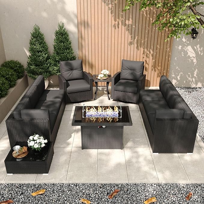 Patio Furniture Set with Fire Pit Table, 11 Pieces Outdoor All-Weather Wicker Conversation Sectional Chair Sofa Set with 2 Swivel Chairs