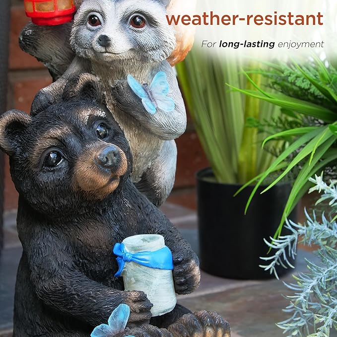 Alpine Corporation 19" Tall Outdoor Solar Powered Animal Friends Statue with LED Lights, Multicolor