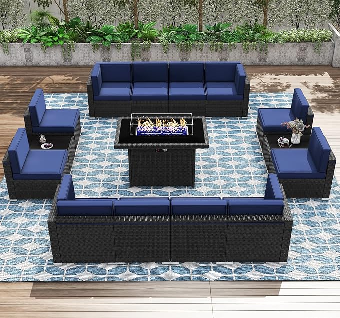 Patio Furniture Set with Fire Pit Table, 15 Pieces Outdoor All-Weather Wicker Conversation Sectional Chair Sofa Set