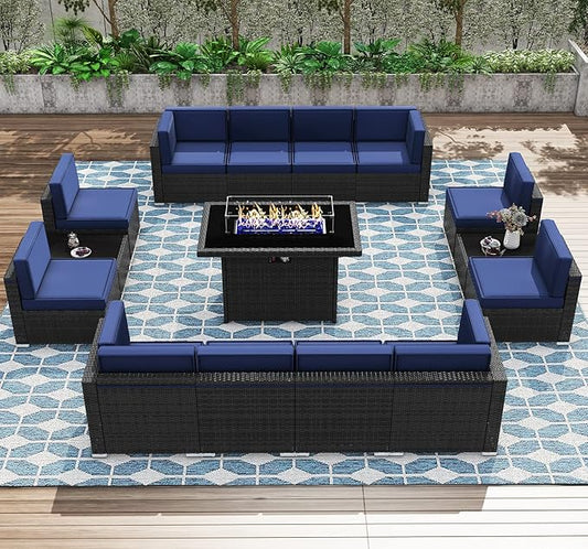 Patio Furniture Set with Fire Pit Table, 15 Pieces Outdoor All-Weather Wicker Conversation Sectional Chair Sofa Set