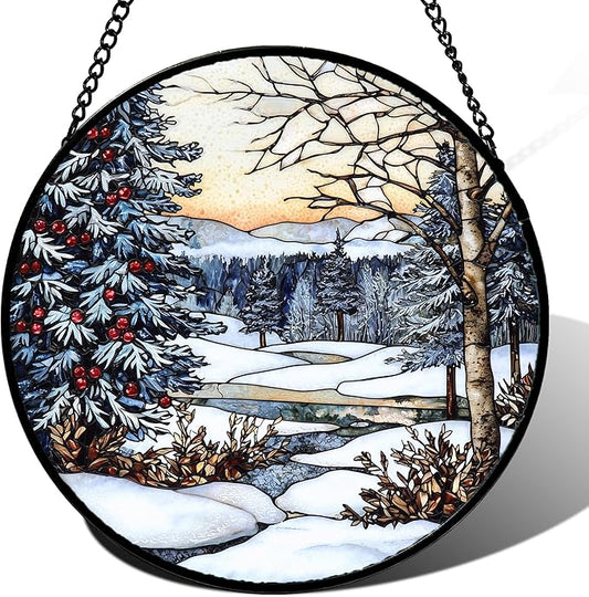 Stained Glass Window Hanging, Winter Snow Landscape Suncatcher Diamond Glass Panel Sun Catchers Decor for Birthday for Women, Men, Wife, Aunt, and Mom 11.8 in