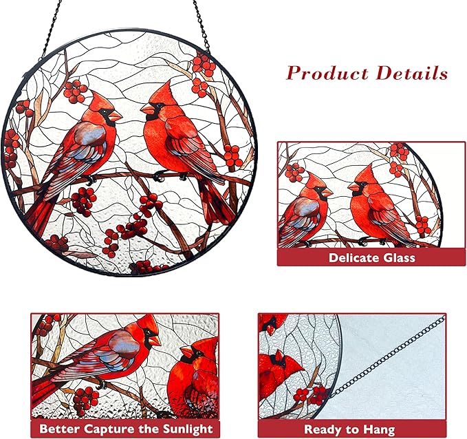 Cardinal Red Bird Suncatcher Stained Glass Suncatchers 7.87 Inch Stained Glass Ornament for Home Decor Indoor Wall Art for Christmas Day Valentine's Day Mother's Day Women