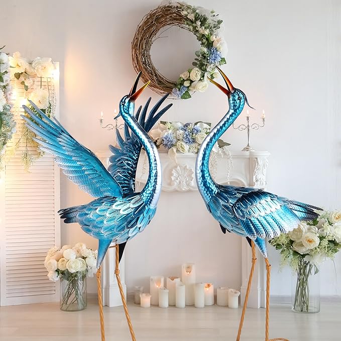 chisheen Crane Garden Statues Outdoor Metal Heron Yard Art Crane for Garden Sculptures Patio Lawn Ornaments,Set of 2