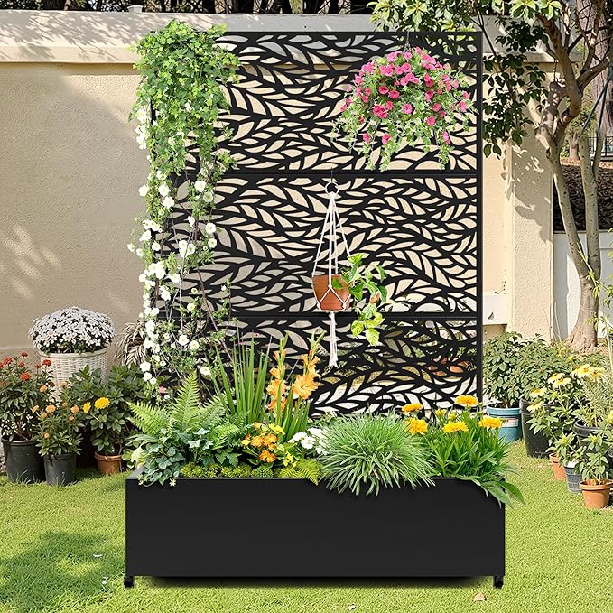 Metal Raised Garden Bed with Trellis, 2-in-1 Planter Box & Privacy Screen for Climbing Plants, Outdoor Standing Flower Bed with Drainage Holes, 47.2" L x 16.7" W x 70.8" H, Black-Spring