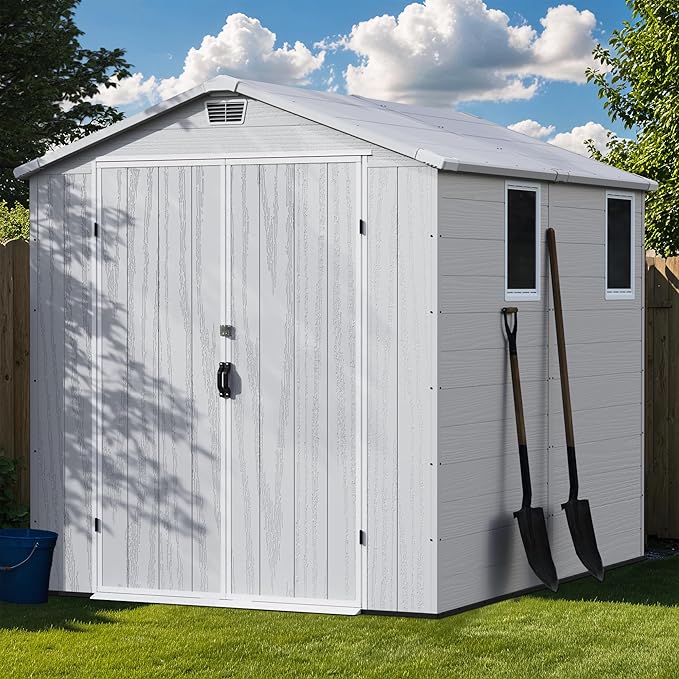 Greesum 6x8FT Plastic Outdoor Storage Shed with Floor, Resin Sheds with Lockable Double Door, Windows & Vents, All-Weather Tool Sheds for Garden, Backyard, Patio, Light Gray