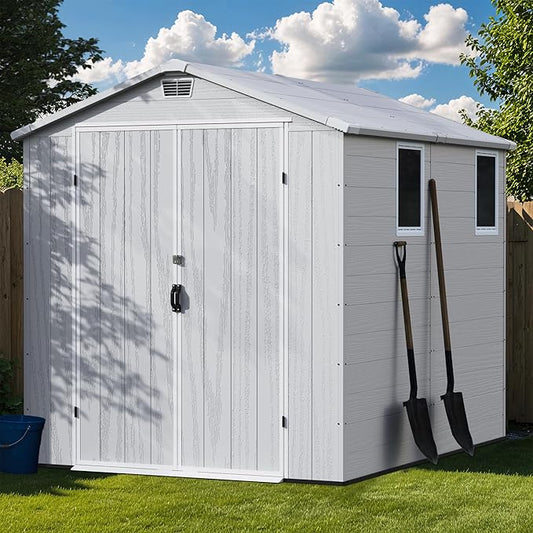 Greesum 6x8FT Plastic Outdoor Storage Shed with Floor, Resin Sheds with Lockable Double Door, Windows & Vents, All-Weather Tool Sheds for Garden, Backyard, Patio, Light Gray