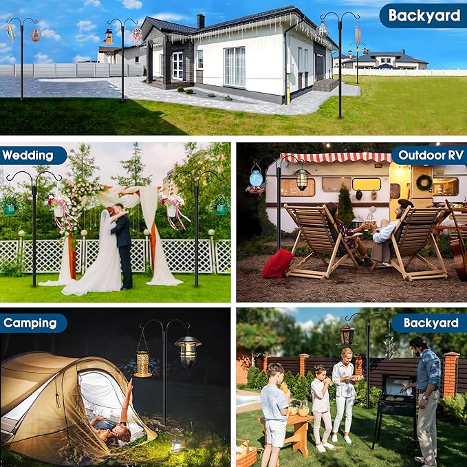 Ottsuls Bird Feeder Pole, 2 Pack 76 INCH Double Shepherds Hooks for Outdoor, with 5 Base Prongs Heavy Duty Tall Garden Planter Hooks for Hanging Flower Basket, Lantern, Hummingbird Feeder