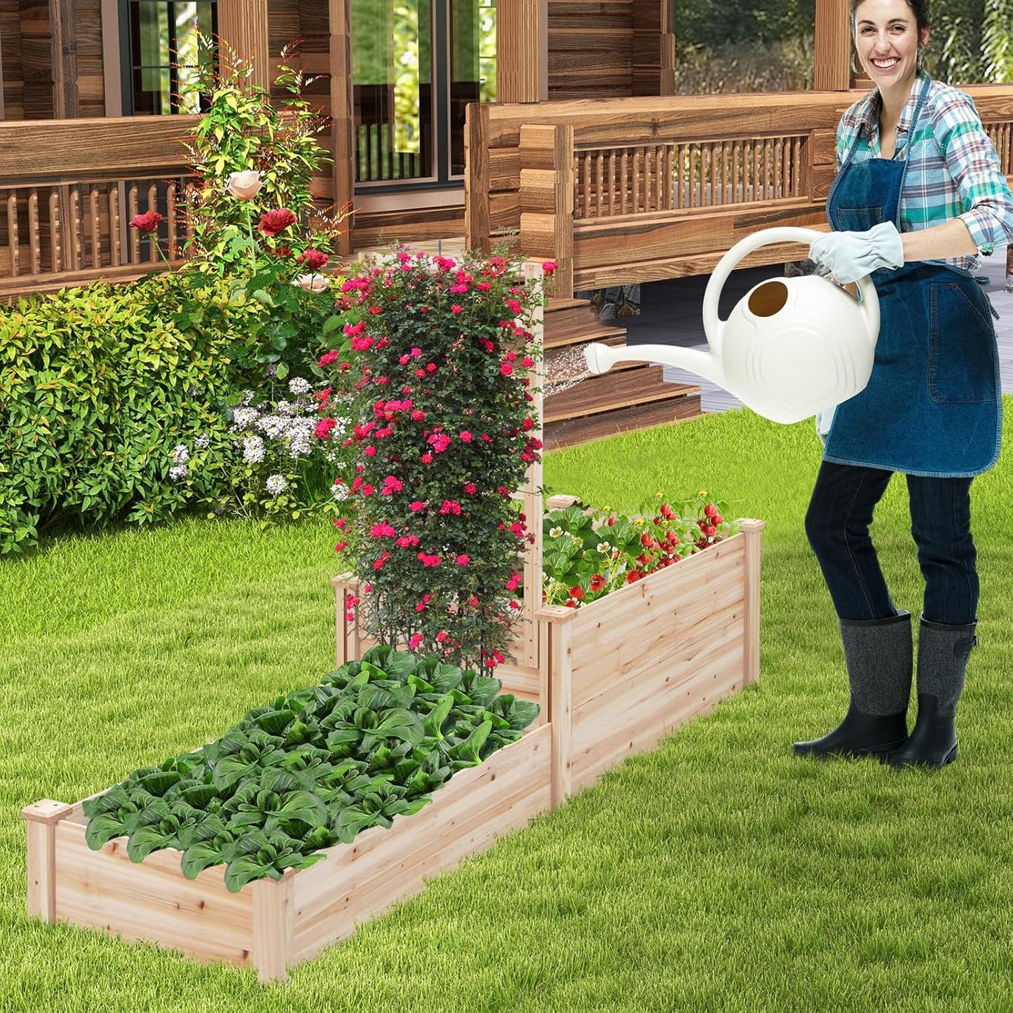 HAPPYGRILL Raised Garden Bed with Trellis, Wood Garden Box w/Open Base Design & 2 Compartments, Outdoor Wooden Planter Box Kit for Vine Climbing, Fruits, Vegetables, Flowers, Herbs, 88" x 25" x 53"