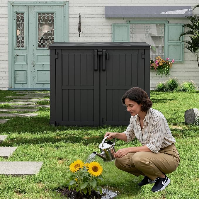 Outdoor Storage Shed 36 Cu. Ft. Resin Garden Horizontal Storage Extra Large Capacity Weather Resistant Storage Box, Lockable Resin Waterproof Shed, Black