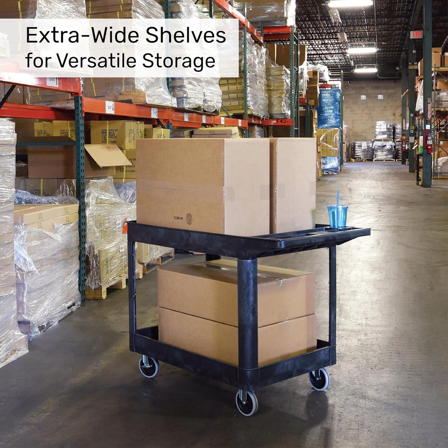 Tubstr Extra Large Two-Shelf Utility Cart with Wheels | 500 lb. Capacity Rolling Utility & Tool Cart for Warehouses, Industrial Settings, Auto Garages, & More (Black, 45.5 x 24.5)