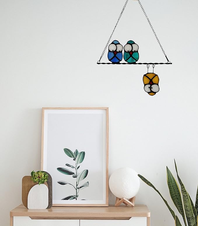 Multicolor Owl on a Wire Stained Glass Window Hanging, Bird Suncatcher for Windows Panels Hangings Hummingbird Ornament Decoration for Wall Home Garden Decor Bird Owl Gift for Owl Lovers