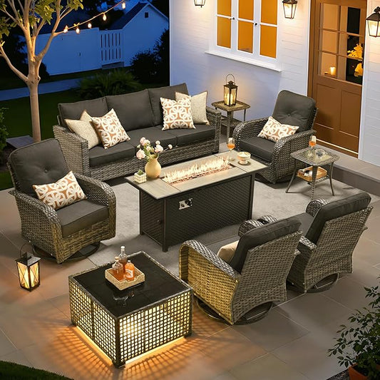 ovios 9 Pieces Patio Furniture Set, Outdoor Wicker Sofa Couch with Rocking Swivel Chairs Fire Pit Table, Modern Deep Seat Rattan Conversation Sets for Porch Deck, Black