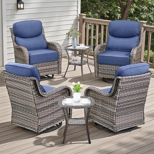 Rilyson 6 Piece Outdoor Patio Swivel Rocker Chairs, Waterproof Wicker, High Back, Deep Seating, Wide Armrest, Upgraded 6 inch Thick Cushions, Side Table, Ideal for Deck Porch Yard, Mixed Grey/Blue
