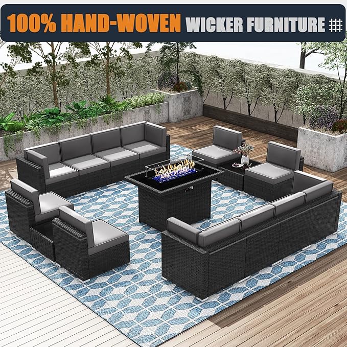 Patio Furniture Set with Fire Pit Table, 15 Pieces Outdoor All-Weather Wicker Conversation Sectional Chair Sofa Set