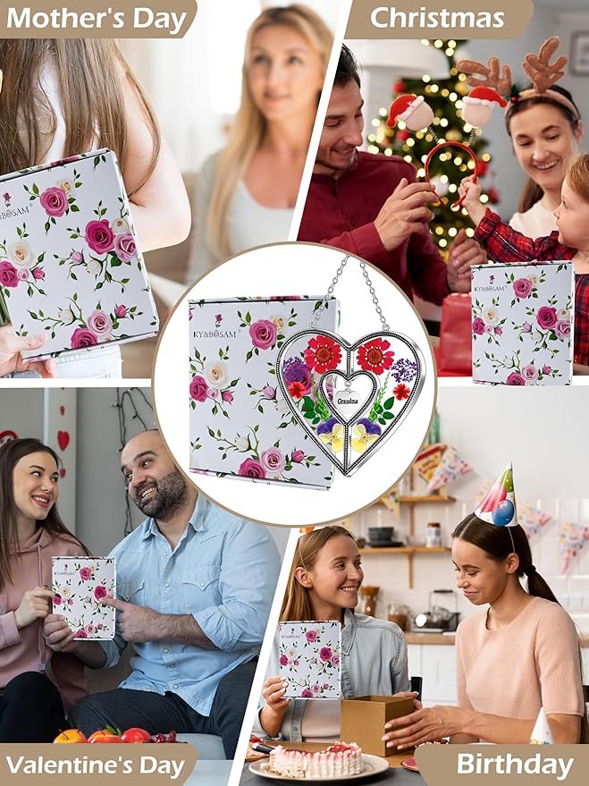 KY&BOSAM Heart Suncatchers Grandma Gift Ornament Stained Glass Sun Catcher Garden hangings Windows with Pressed Flower Heart Embedded in Glass Gifts for Grandma Mother`s Day Birthday Gifts