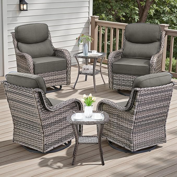 Rilyson 6 Piece Outdoor Patio Swivel Rocker Chairs, Waterproof Wicker, High Back, Deep Seating, Wide Armrest, Upgraded 6 inch Thick Cushions, Side Table, Ideal for Deck Porch Yard, Mixed Grey/Grey