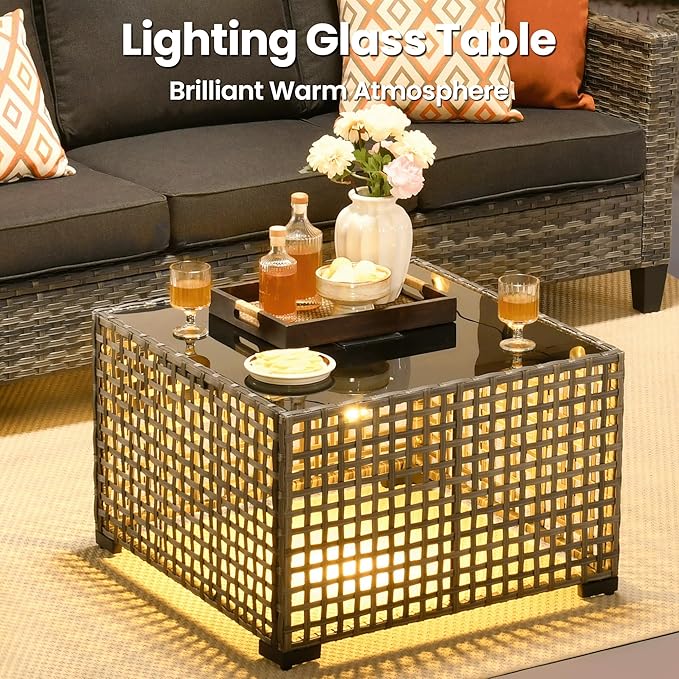 ovios 10 Pieces Patio Furniture Set, Outdoor Wicker Sofa Couch with Rocking Swivel Chairs Solar Lights Table Fire Pit, Modern Deep Seat Rattan Conversation Sets, Black