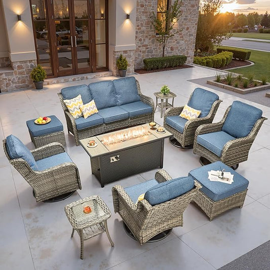 ovios 10 Pieces Patio Furniture Set, Outdoor Wicker Sofa Couch with Swivel Chairs 54" Fire Pit Table, High Back All Weather Modern Conversation Sets, Grey Rattan, Denim Blue