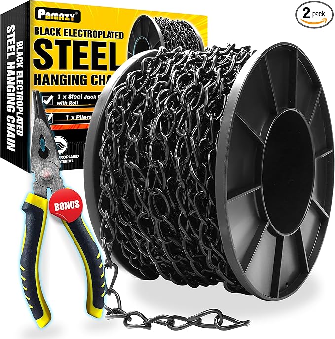 [Upgraded] 50FT Black Electroplated Steel Hanging Chain Roll, Pliers Included, 20LBS Load Capacity, Durable, Rust-Resistant, Adjustable Length for Hanging Bird Feeders, Planters, Lanterns, Billboards