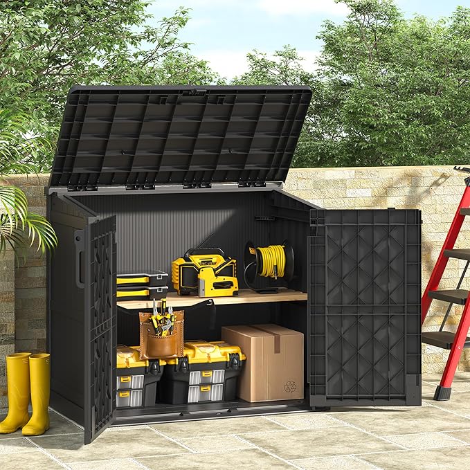 Horizontal Storage Shed, Outdoor Resin Storage Shed 36 Cu. Ft. Garden Extra Large Capacity Weather Resistant Storage Box, Lockabl Waterproof Shed for Garden Tools, Solid Black