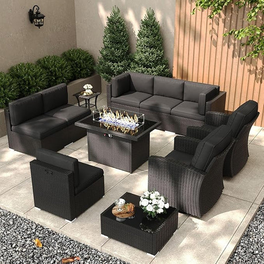 Patio Furniture Set with Fire Pit Table, 11 Pieces Outdoor All-Weather Wicker Conversation Sectional Chair Sofa Set with 2 Swivel Chairs